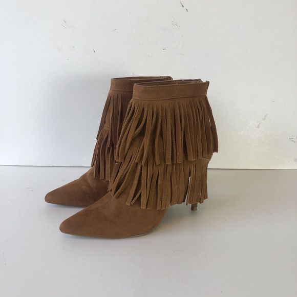 Nine West Brown Suede Western Booties Fringe Ankle Faux Suede Pointed Toe Size 6 - Picture 6 of 13